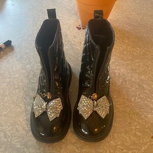 Black Patent Leather Boots with Rhinestone Bows